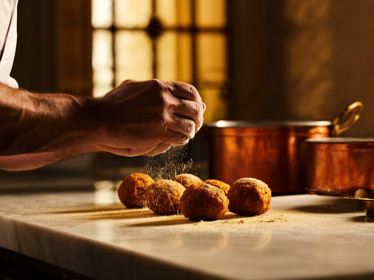 Manos del chef de La Clau dando forma a croquetas caseras al amanecer
